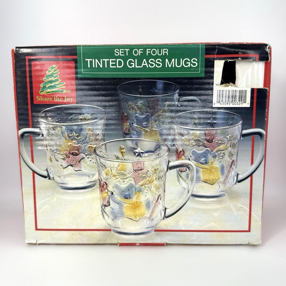 VTG‎ Share the Joy Glass Mugs Christmas Bears Stars Ornaments Set of 4 NIB